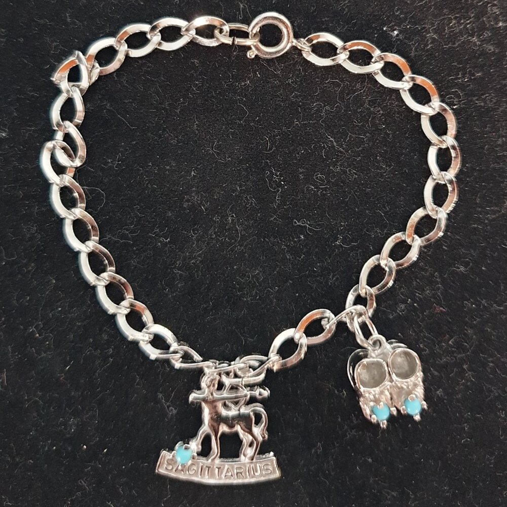 Vintage Sterling Silver Genuine Turquoise Sagittarius & Shoes Charm Bracelet
